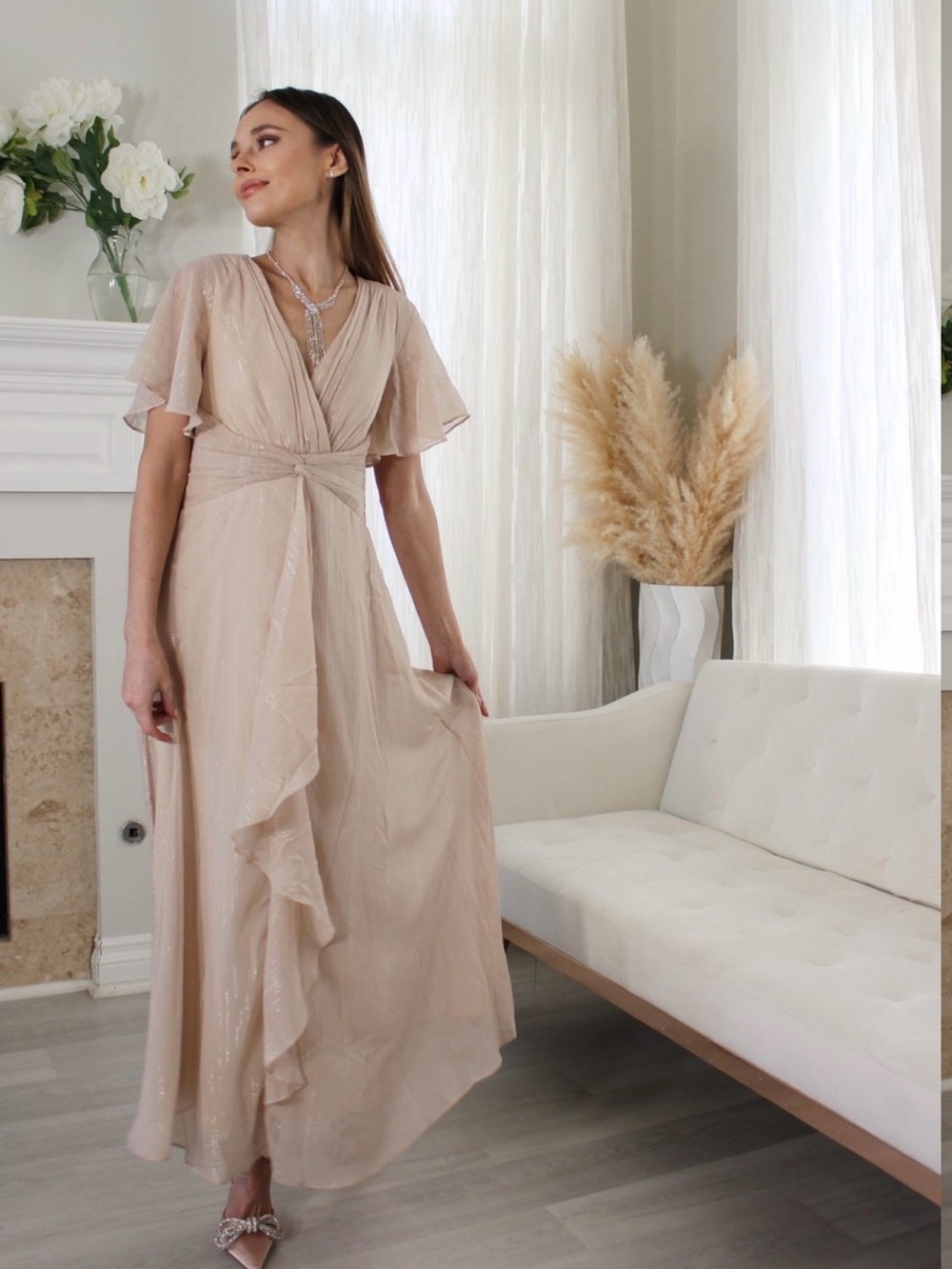 Ever Pretty Blush Beige Wrap Maxi Dress with Ruffle Trim